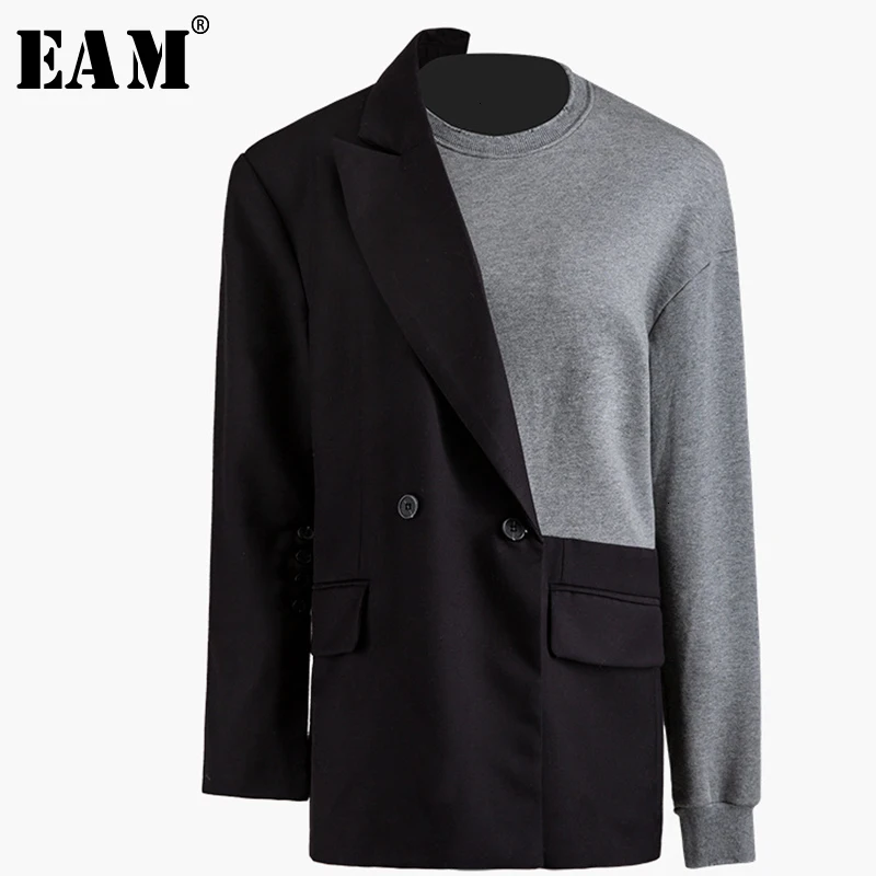 

[EAM] Loose Fit Split Joint Gray Contrast Color Jacket New Lapel Long Sleeve Women Coat Fashion Tide Spring Autumn 2020 1K068