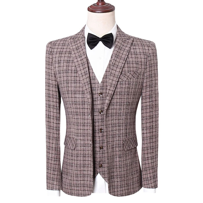 Grid color men smart casual 3-piece set suits sets Slim Fit Blazers+Pants+Vest wedding sets mens formal Coat+Trousers +Waistcoat