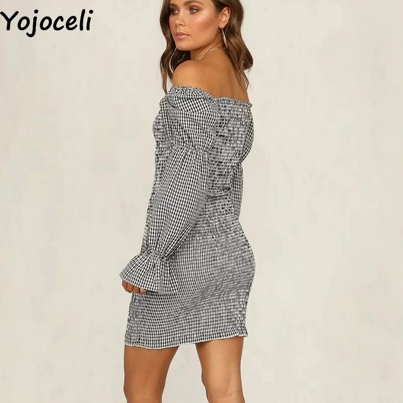 Yojoceli элегантное клетчатое платье с открытыми плечами и рюшами весеннее Короткое