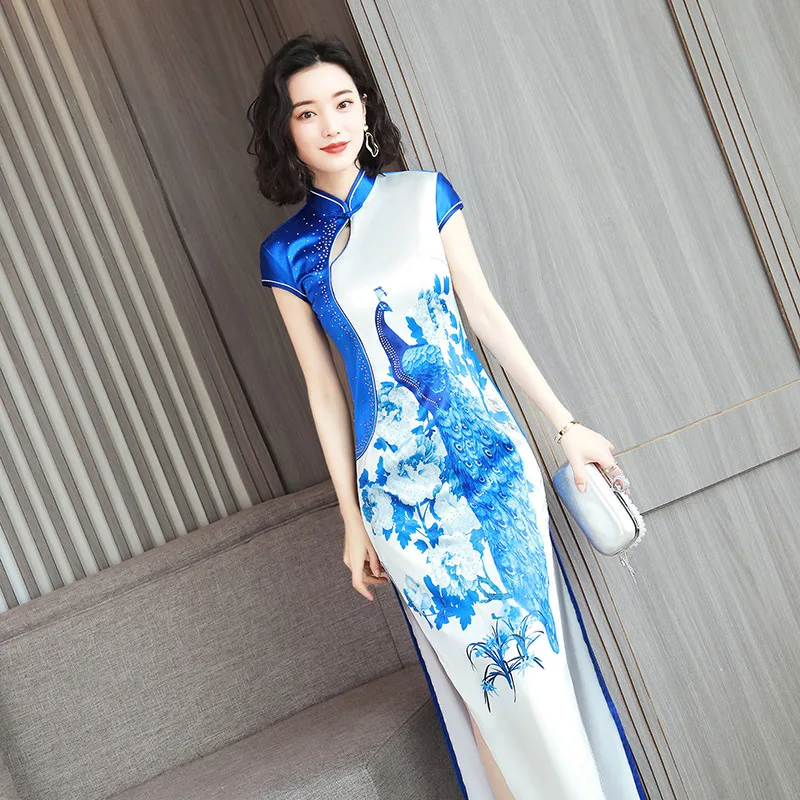 Синий белый павлин печати стразы Qipao Китайский Свадебный банкет вечернее платье женское длинное шелковое Cheongsam Vestidos 5XL