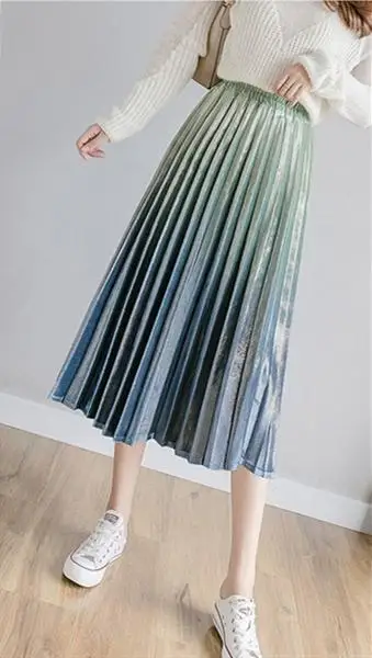 Autumn Winter Pleated Skirt Womens Vintage High Waist Gradient Skirt High Street Faldas Mujer Velvet Metallic Long Skirt Female - Color: Green