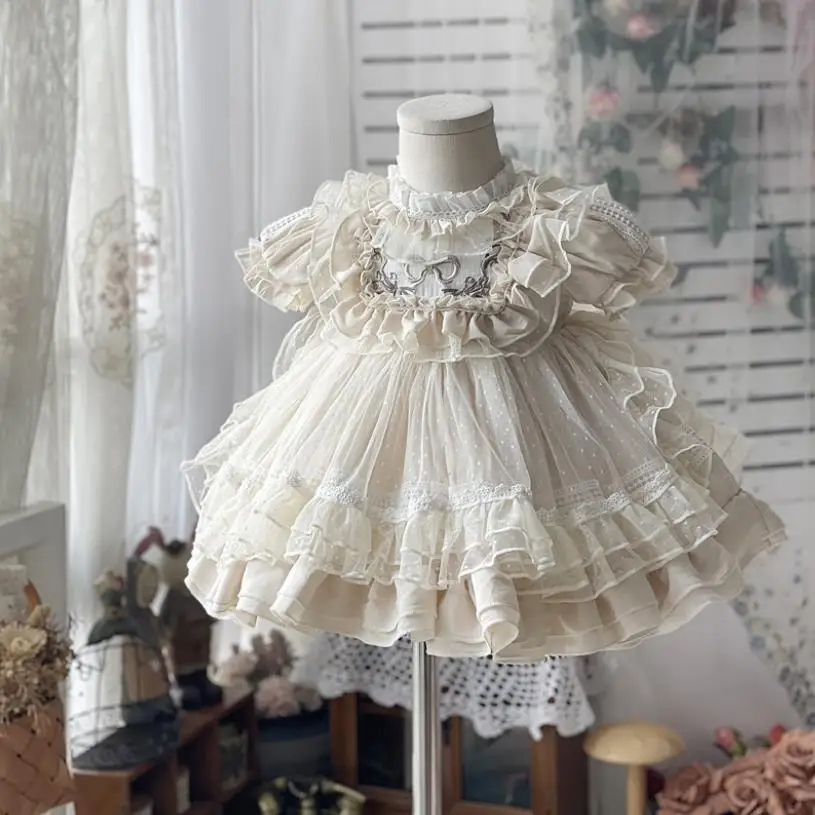 

Spanish Vintage Lolita Princess Ball Gown Lace Mesh Stitching Birthday Baptism Party Easter Cute Dresses For Girls 12M-6T A164