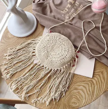 

7 colors Summer Messenger Bags Lady Handmade Woven Rattan Round Straw Women Tassel Crossbody Bag