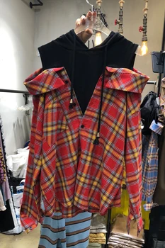 

Plaid Shirt Women 2020 Spring and Autumn Splice Loose-fitting Cap Long-sleeved Blouse Students Fake Two Piece Shirt Hooded Tops