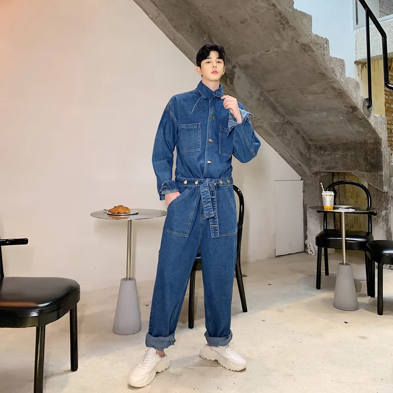 

New Loose Blue Cotton Men Jeans High Street Full Length Single Breasted Denim Overalls Mens Sashes Solid Casual Jumpsuits