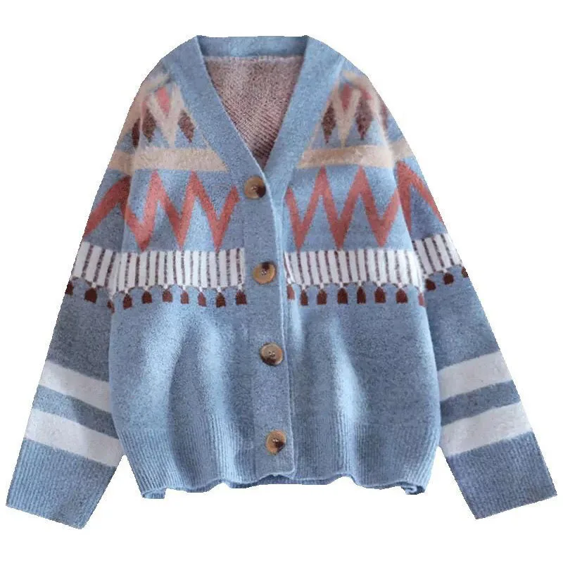 Woman Sweater Knitting New Girl V-neck Jacquard Straight Bottom Clothing Sweater Winter Sweater Cardigan Short Wool Coat