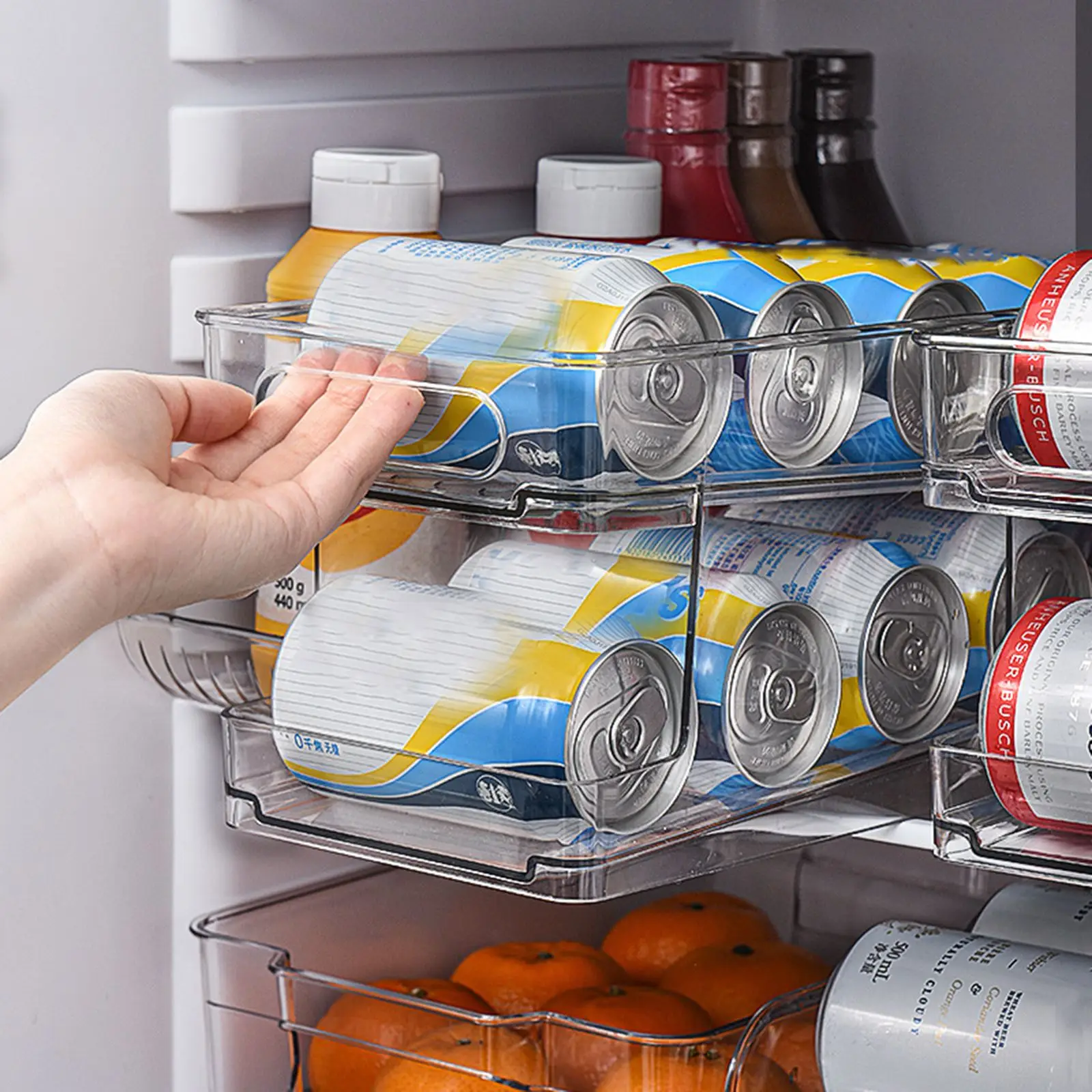 BPA-Free Standing Can Can Dispensador de refrigerador Organizador Bin para bebidas Latas de cerveza Botella de agua Cocina Nevera y congelador Bandeja de almacenamiento de soporte para bebidas 