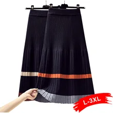 Женская трикотажная плиссированная юбка в рубчик размера плюс 3Xl 4Xl зимняя Офисная Женская цветная Лоскутная юбка средней длины с высокой талией для женщин