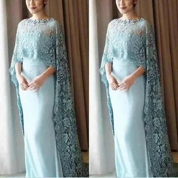 

Vintage Blue Satin Mother of the Bride Dress With Shawl Pageant Wedding Guest Party Dress Lace Train Saudi Arabia Evening Gowns