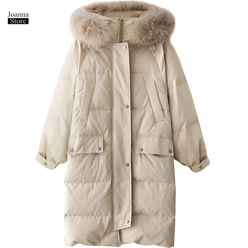 

Winter Jacket Women Long Plus Size Coat Bubble Jackets Fake Fur Collar Hooded Coats Solid Color Black Thick Elegant Tide Outwear