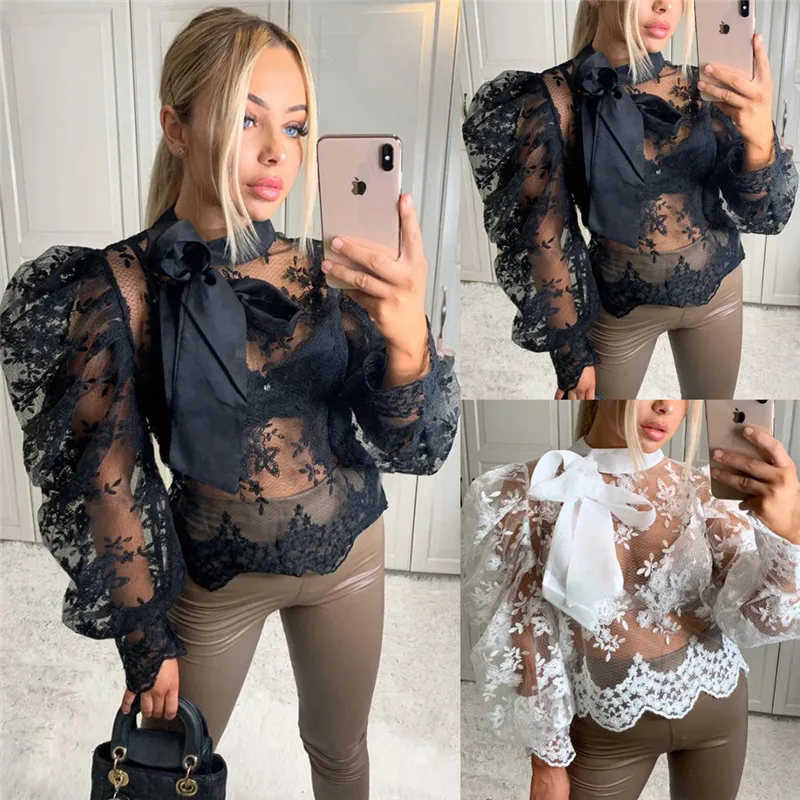Women Sexy Lace Crochet Sheer Mesh Long Puff Sleeve Shirt Blouse Crop Tops See Through Bowknot Shirt Outwear Loose Casual Blouse Women Sexy Lace Crochet Sheer Mesh Long Puff Sleeve Shirt Blouse Crop Tops See Through Bowknot Shirt Outwear Loose Casual Blouse