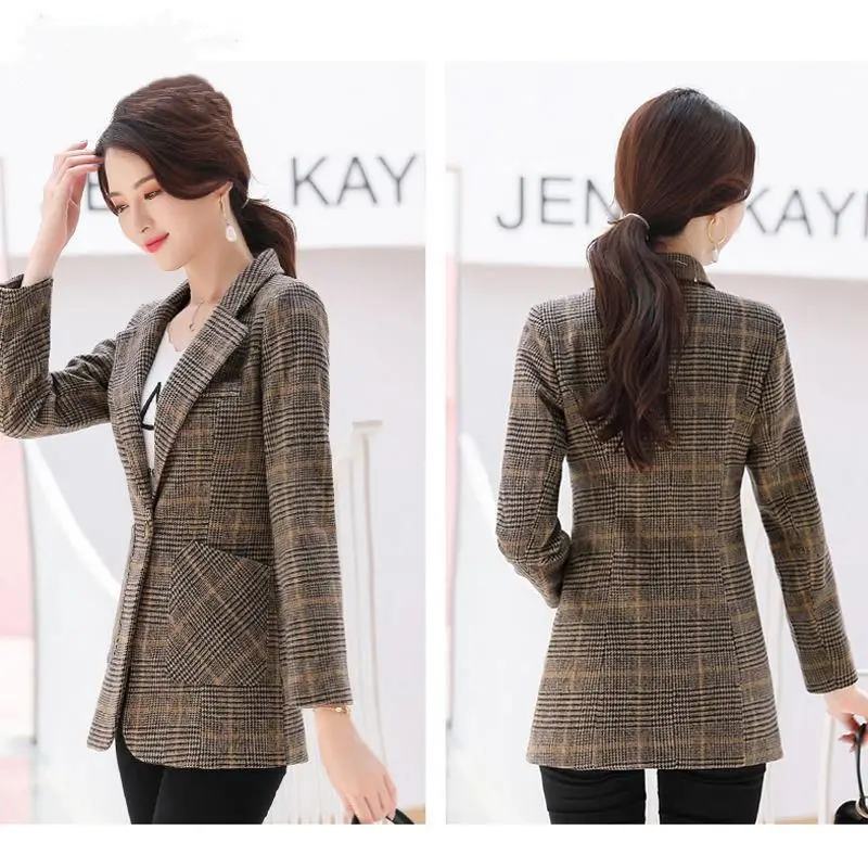 Vangull Women Autumn Plaid Blazer Spring Long Sleeve Slim Checked Coat Formal Jacket Office Suit Lady Outerwear Plus size XXXXL