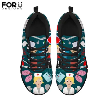 

FORUDESIGNS Nurse Shoes Cartoon Ladies Nurse Doctor Medical Printing Mesh Women Flats Sneaker Shoes Comfortable Female Footwear