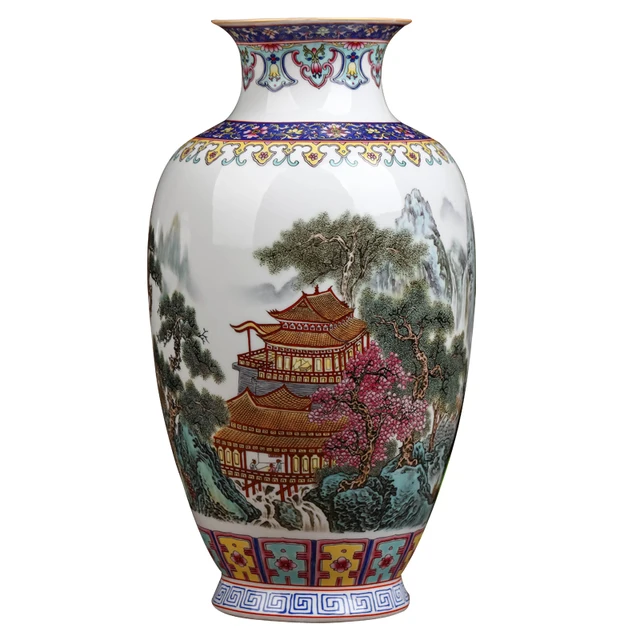 Jingdezhen Ceramic Pastel Landscape Vase Big Chinese Style Retro Home Living Room Decoration Thin Bodied Porcelain Vase 5