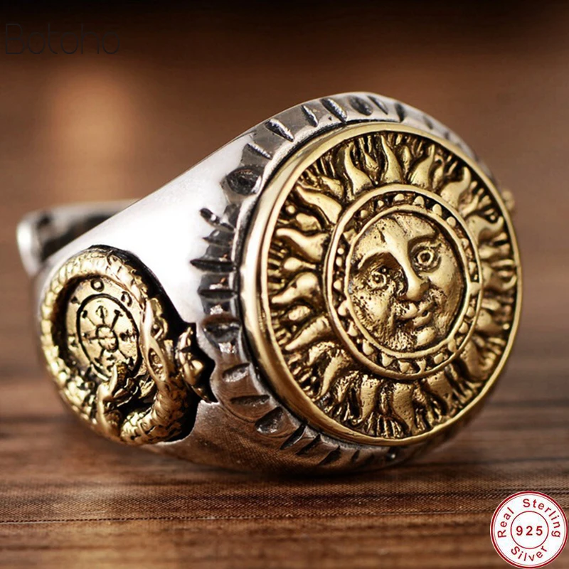 

2020 New Real 925 Sterling Silver colour Jewelry Gothic Rings For Men Unique And Cool Sun Flowers With Smiling Face Opening Type