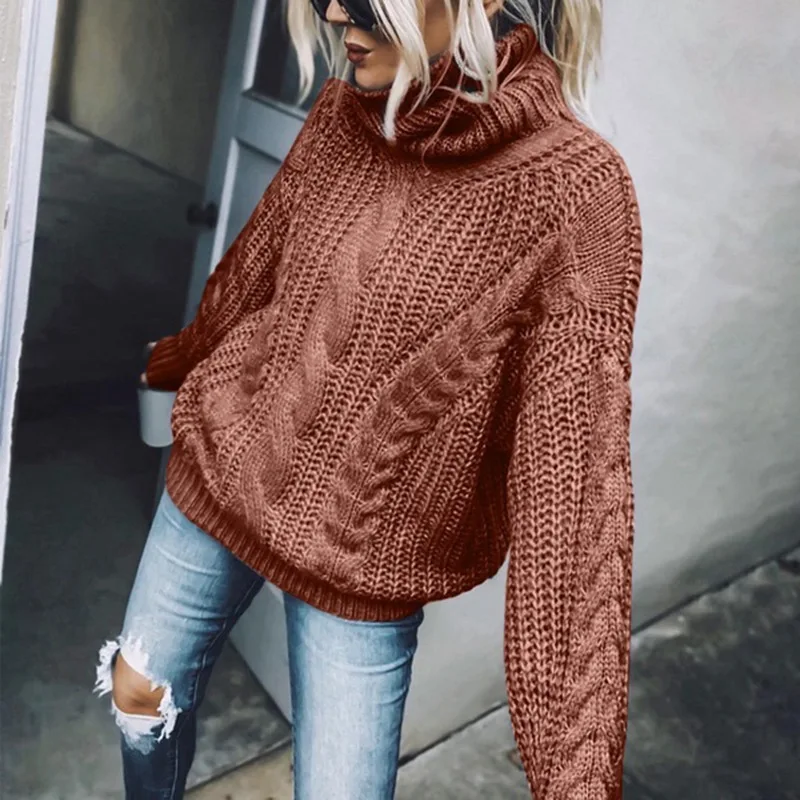 Turtleneck Sweater Kintted Women Crochet Gray Pullovers Blue
