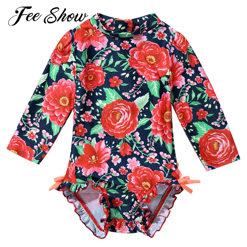 

Summer Baby Girls Brazilian Swimsuit Bathing Suits One-piece Suits Long Sleeves Floral Printed with Ruffled Swimwear Rash Guards