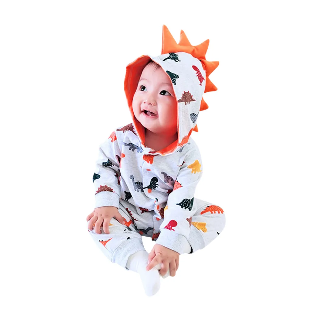 Newborn Baby Boys Girls Hooded Cartoon 3D Dinosaur Print Romper Infant Kids Long Sleeve Autumn Jumpsuit Toddler Fashion Outfits