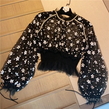 

Sexy Mesh Blouse Women 2020 Autumn New Retro Long Sleeve White Flower Embroidered Lantern Sleeve Shirt Female Lady Crop Top