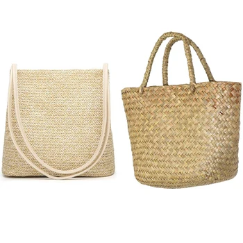 

2Pcs Women'S Handbag Fashion Straw Woven Tote Large Summer Beach Shoulder Bag - Beige & Primary Color