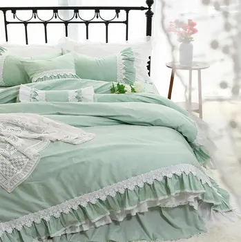 

Elegant fairyfair green lace ruffled bedding set,full queen king cotton double home textile bedspread pillow case duvet cover