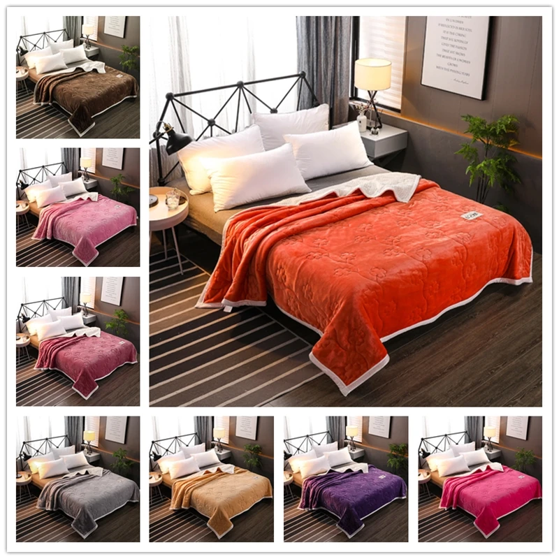 

Double-sided Design Double Warm Flannel Household Blanket Solid Color Embroidered Luxury Blanket