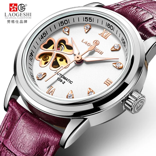 Women Automatic Mechanical Watches Diamond Four-leaf Clover WristWatches Ladies Rose Leather Watch Waterproof Senhoras Assistir 1