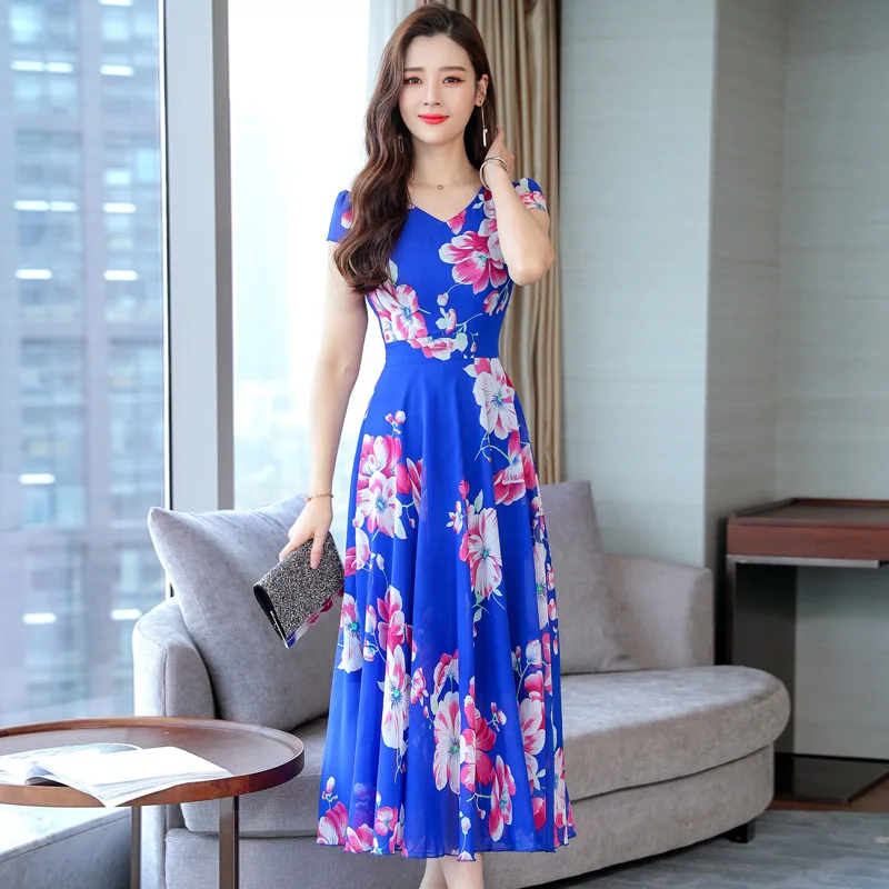 

2019 Spring And Summer New Style Elegant Slim Fit Middle-aged Mom WOMEN'S Dress Long Printed Chiffon Short Sleeve Big Hemline-Sh