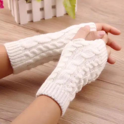 Белый Женские зимние теплые перчатки на запястье, короткие одноцветные перчатки без пальцев, вязанные перчатки-митенки, варежки, подарок для женщин - Цвет: Белый