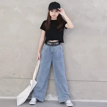 

Teenage Girls Jeans 2020 Spring Summer Casual Fashion Leg Wide Pants For Kids Gir School Children Trousers 6 8 10 12 13 14 Years