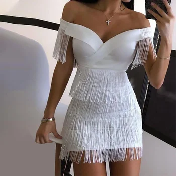 Sexy sin mangas Bodycon Mini vestido de las mujeres blanco hombro borla corto Vestidos de verano de 2021 Bandage Fiesta Club Vestidos