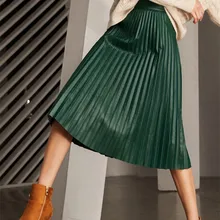 Длинные плиссированные юбки для женщин из натуральной кожи натуральной овчины Роскошные Подиумные дизайнерские женские юбки черного и зеленого цвета размера плюс