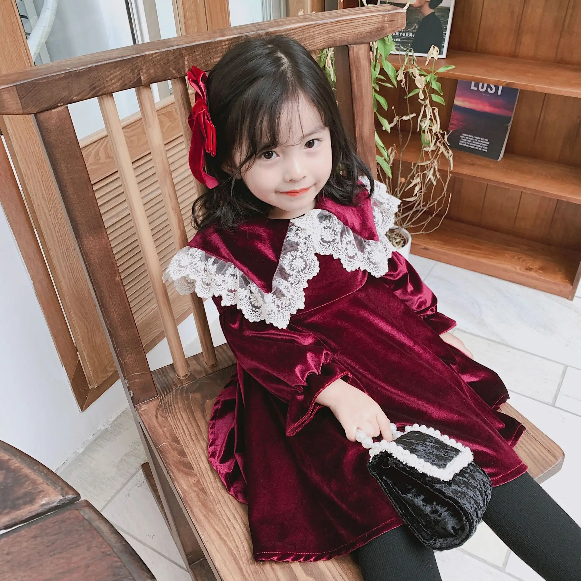 Winter Toddler Girls Dress Korean Princess Costume New Fashion Lace Turn Down Collar Plus Velvet Party Dress 1-7Yrs Kids Clothes