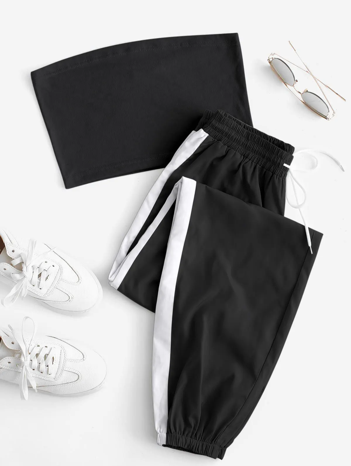 ZAFUL, женский спортивный комплект из 2 предметов,, без бретелек, бандо, короткий топ, длинный, контрастный, с завязками, брюки, набор, летний, женский, хлопок, комплект одежды - Цвет: Black