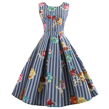 

2020 New Arrival Women Dress Summer Flower Vintage 50s 60s O Neck Sleeveless Runway Hepburn Swing Rockabilly Pin Up A line Dress