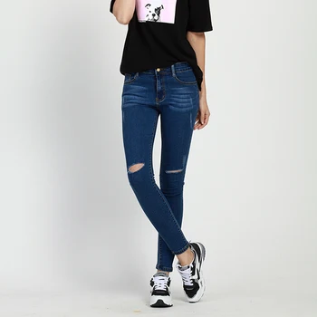 

Fashion Skinny Hole High Waist Jeans Woman boyfriend Thin Pencil Pants Capris Dark Blue Plus Size 5XL Ripped Jeans denim pants