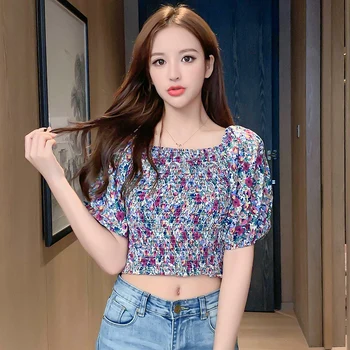 

COIGARSAM Vintage Short Sleeve blouse women Print Pleated Square Collar blusas womens tops and blouses Orange Purple 1134