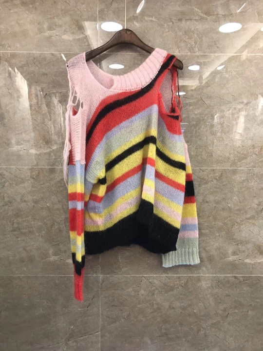 

Early Autumn, 2019 New Women's Irregular Hole Stripe Matching Colored Knitted Loose Long Sleeve Sweater Knitted Shirt 815