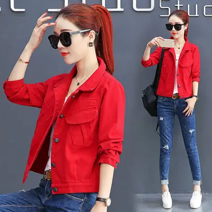 Nieuwe Lente Vrouwen Denim Jas Vintage Cropped Korte Denim Jas Lange Mouwen Jeans Coat Casual Womens Rode Kleding LX32 Nieuwe Lente Vrouwen Denim Jas Vintage Cropped Korte Denim Jas Lange Mouwen Jeans Coat Casual Womens Rode Kleding LX32