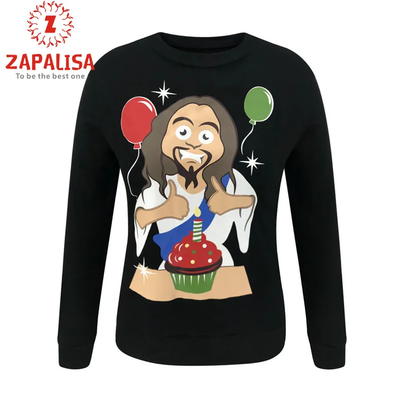 Funny Jesus Cartoon Print O-Neck Couple Pullover Winter Streetwear Elegant Black Long Sleeve Sweatshirts