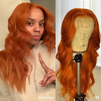 

Ginger Orange Lace Front Human Hair Wigs Colored Wavy Brazilian Remy Hair Pre Plucked Bleached Knots 8-26 inch 13x4 180% Density