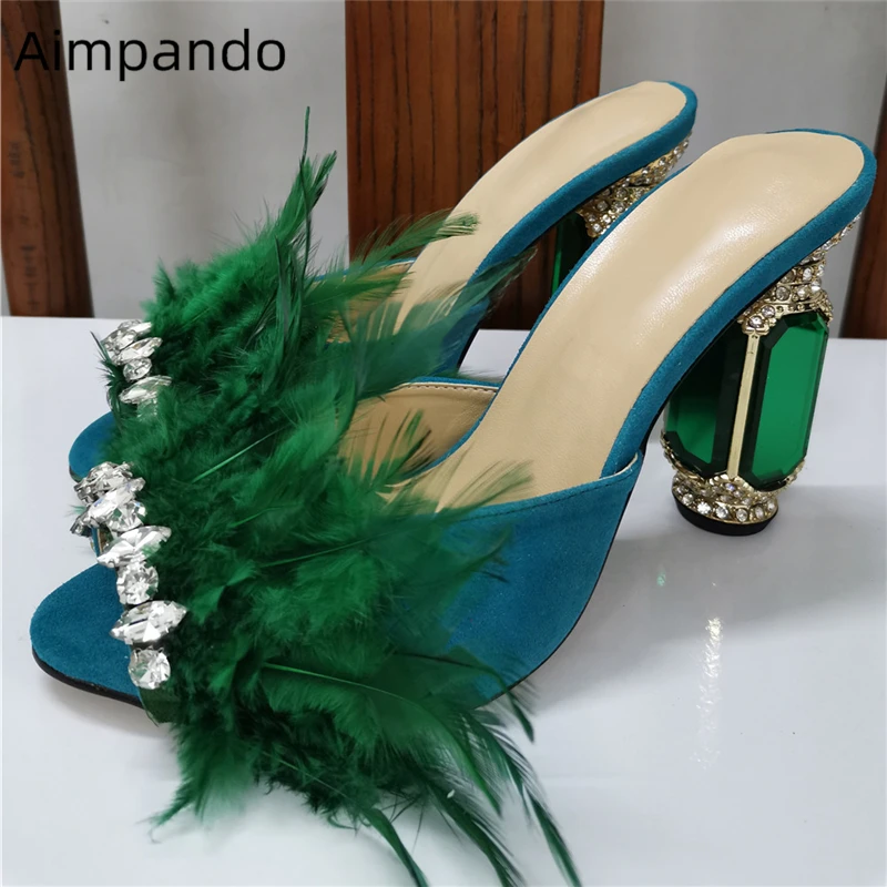 

New 2020 Summer Crystal Feather Slippers Women Jeweled Dimaond High Heels Open Toe High Heel Rhinestone Shoes Woman