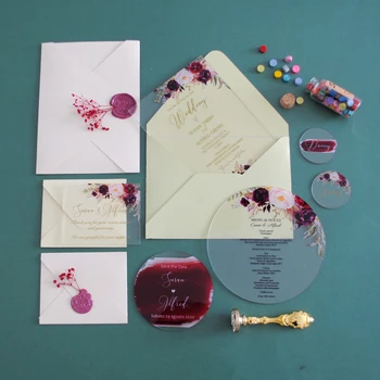 

New Burgundy Flower Round Wedding Invitation Card 10pcs New Hot Sell Engagement Invitations 10pcs Menu Cards Rsvp Cards