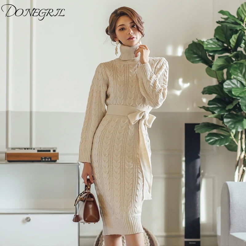 

2019 Autumn Winter Striped High neck Lace Up Women Sweater Dress Slim Waist Solid Knitted Pullover Dress Casual Female Vestidos
