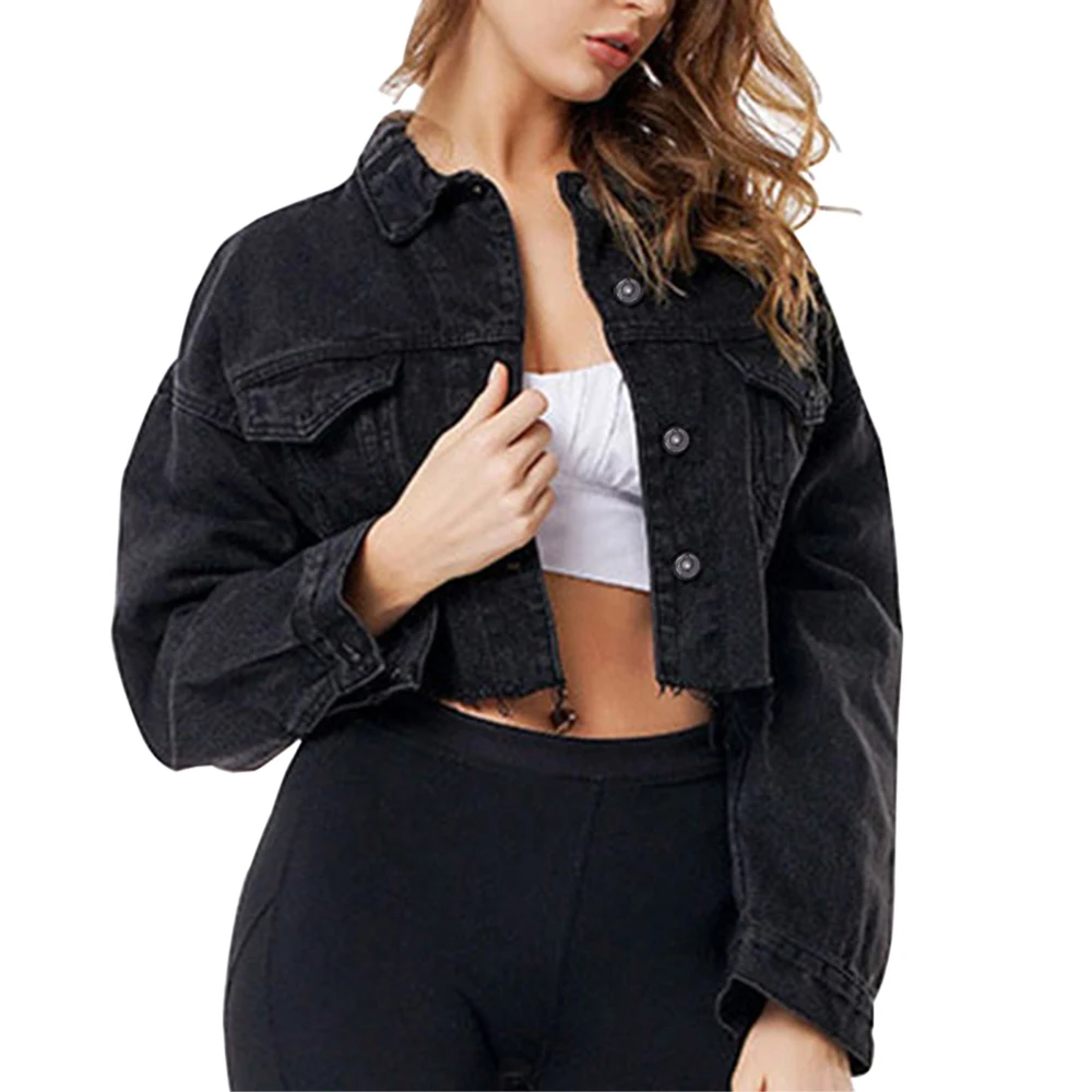 

CALOFE New Casual Women Jacket Drop Shoulder Long Sleeve Frayed Hem Ripped Crop Denim Jacket Female Single Breasted Short Jacket