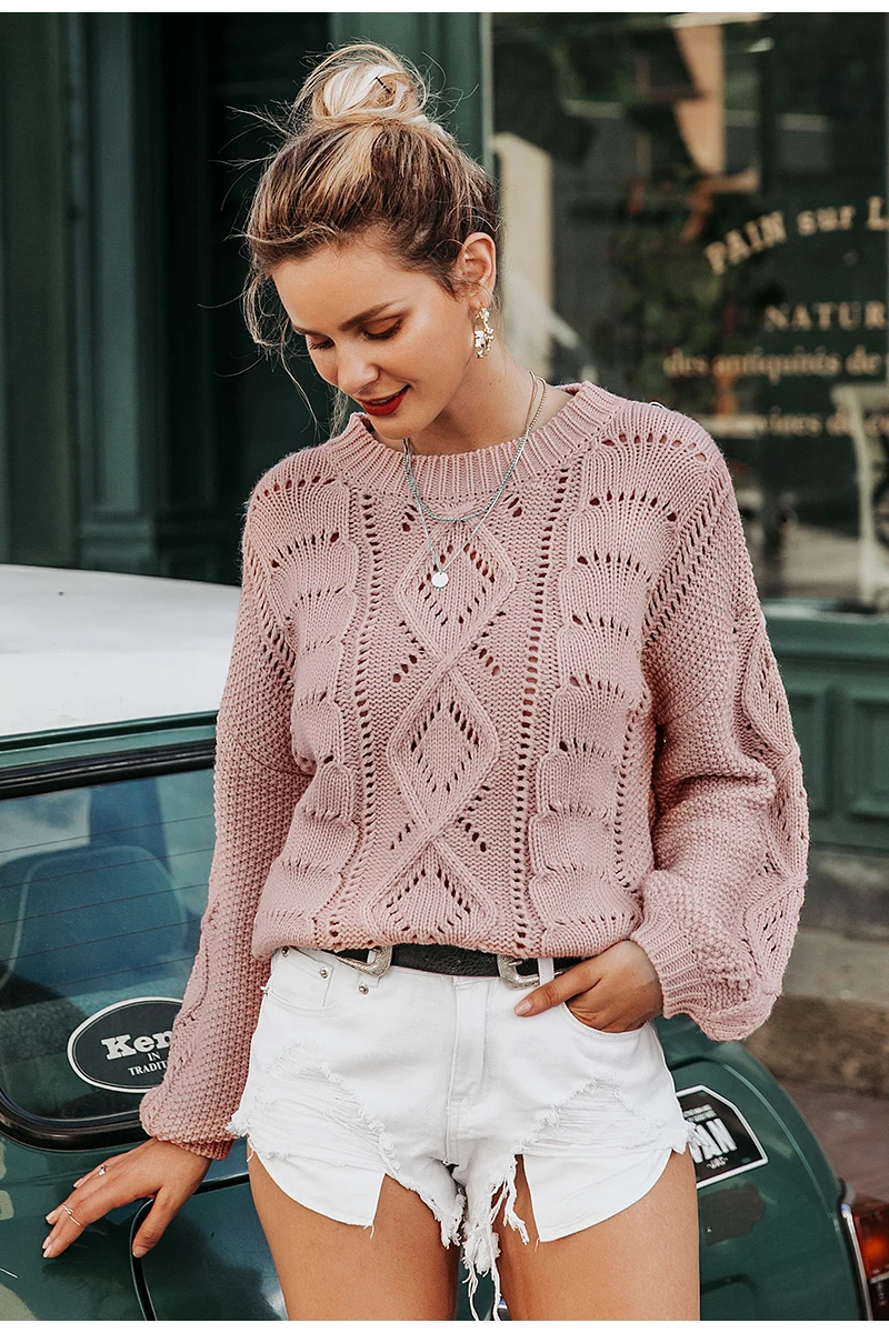 Simplee Hollow out knitted women pullover sweater Lantern sleeve female autumn winter sweater O-neck casual ladies jumper