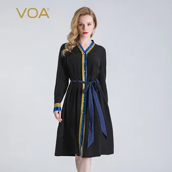 

VOA Silk 18mm Crepe-De-Chine Contrast Stitching Stereo Fold Strap Waist Hugging Single-Breasted V-neck Long-Sleeve Dress A81