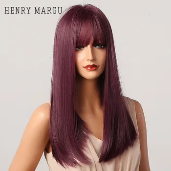 

HENRY MARGU Purple Red Synthetic Wigs With Bangs Long Straight Heat Resistant Wigs Natural Daily Wigs Party Cosplay Hair