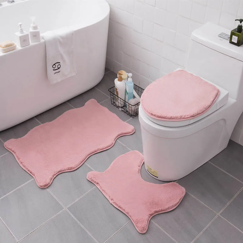 

Soft Faux Rabbit Fur Bath Mat Toilet Cover Foot Pad Non-slip Absorbent Bathroom Door Mat Plush Bath Rug Carpet