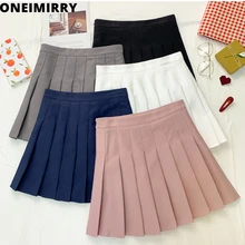 Oneimirry 2021 Autumn Pleated Mini Skirts Women High Waist Preppy Style A-line Slim Black Skirt Fashion Student Short Faldas New